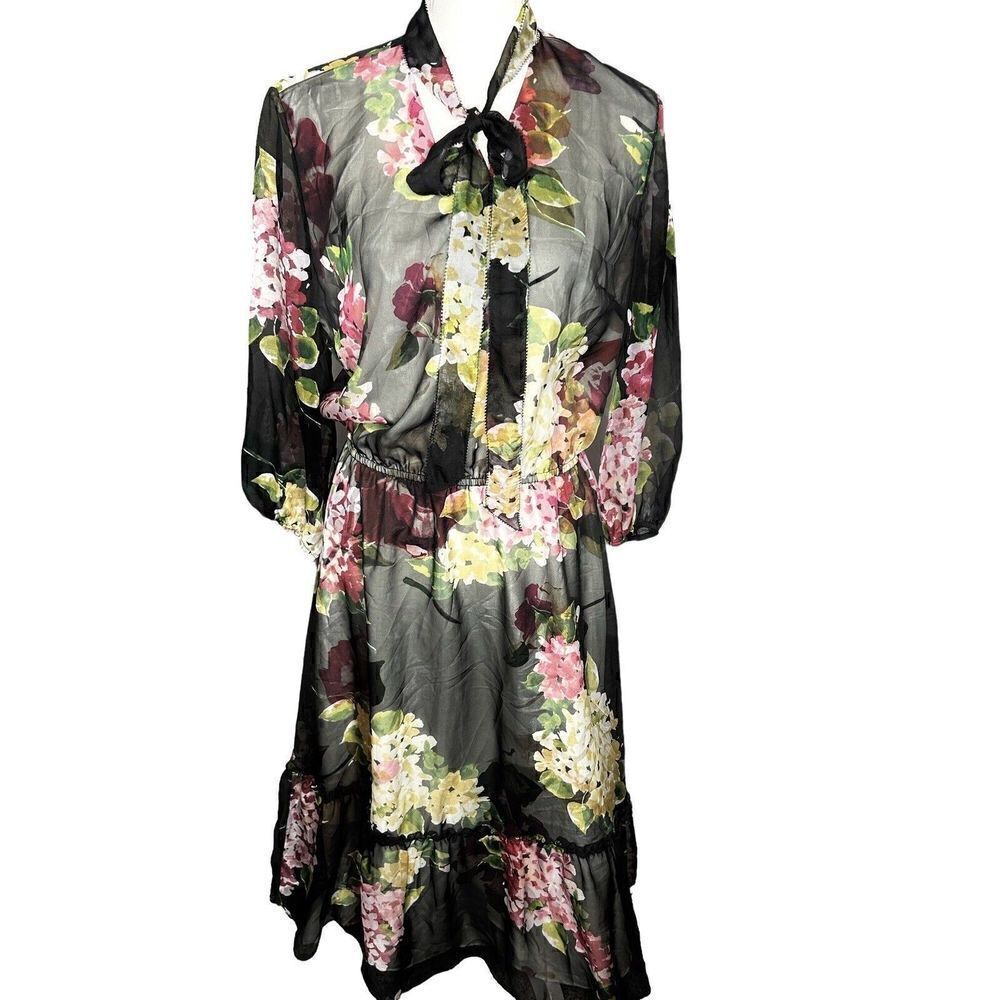 RALPH LAUREN Black Floral Sheer Chiffon Tie Neck Fit Flare Midi Dress Sz 8 NWT!